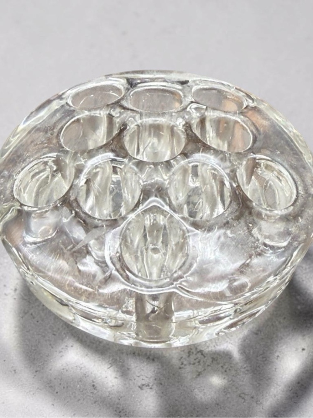 Vintage Clear Glass Flower Frog 11 Hole Domed Floral Arranger Organizer 3.5”